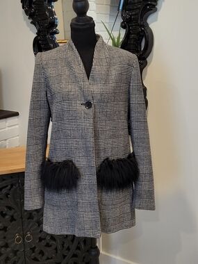 Zara Black & White Plaid Coat with Black Faux Fur Pockets
